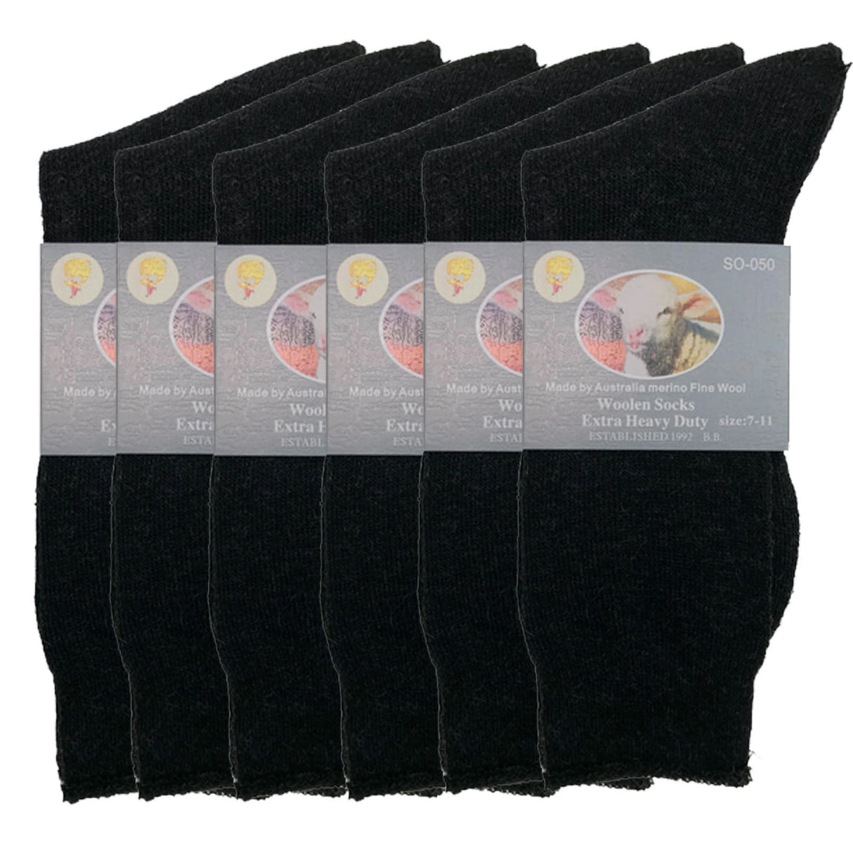 6 Pairs Merino Wool Blend Work Socks Bulk Pack - Black (Heavy Duty Warm Winter Thermal Socks)