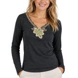 Womens Merino Wool Blend Thermal V Neck Long Sleeve Top - Black (Spencer Base Layer)