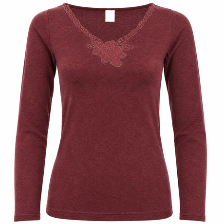 Womens Merino Wool Blend Thermal V Neck Long Sleeve Top - Burgundy (Spencer Base Layer)