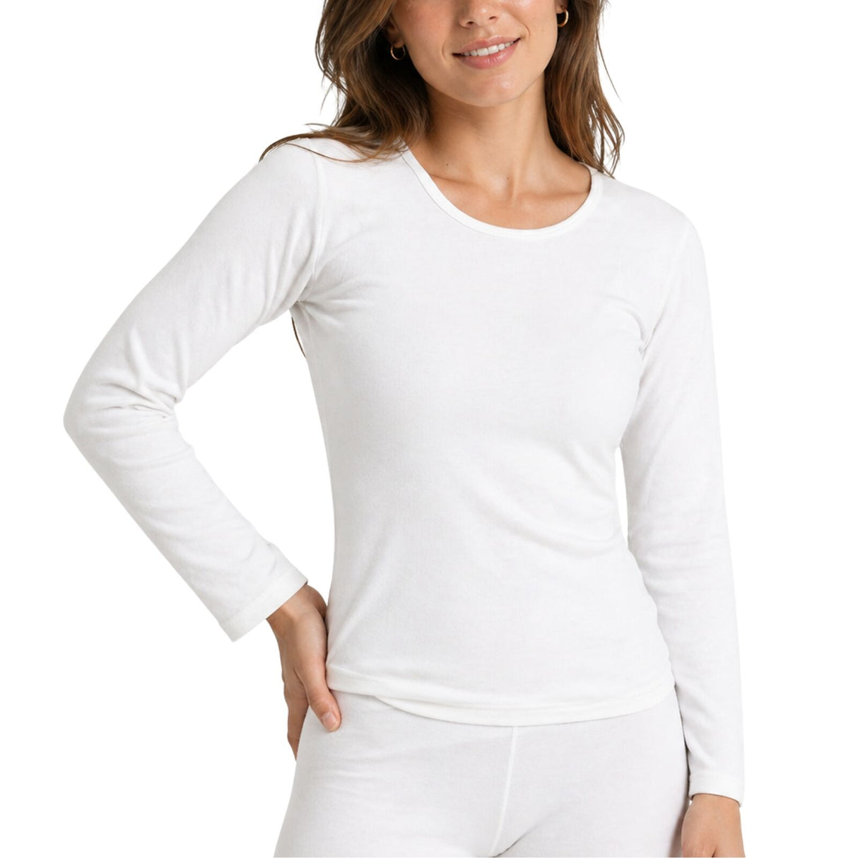 Womens Merino Wool Blend Thermal Long Sleeve Top - Beige (Spencer Base Layer)