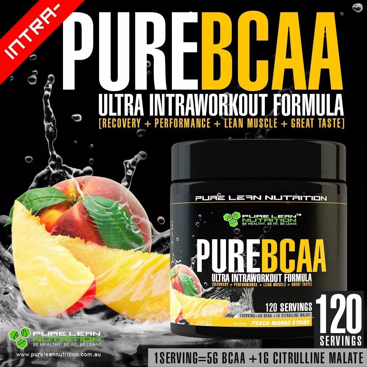 Pure BCAA Intra Workout 120 Serves Branch Chain Amino Acids Recovery in Peach Mango 