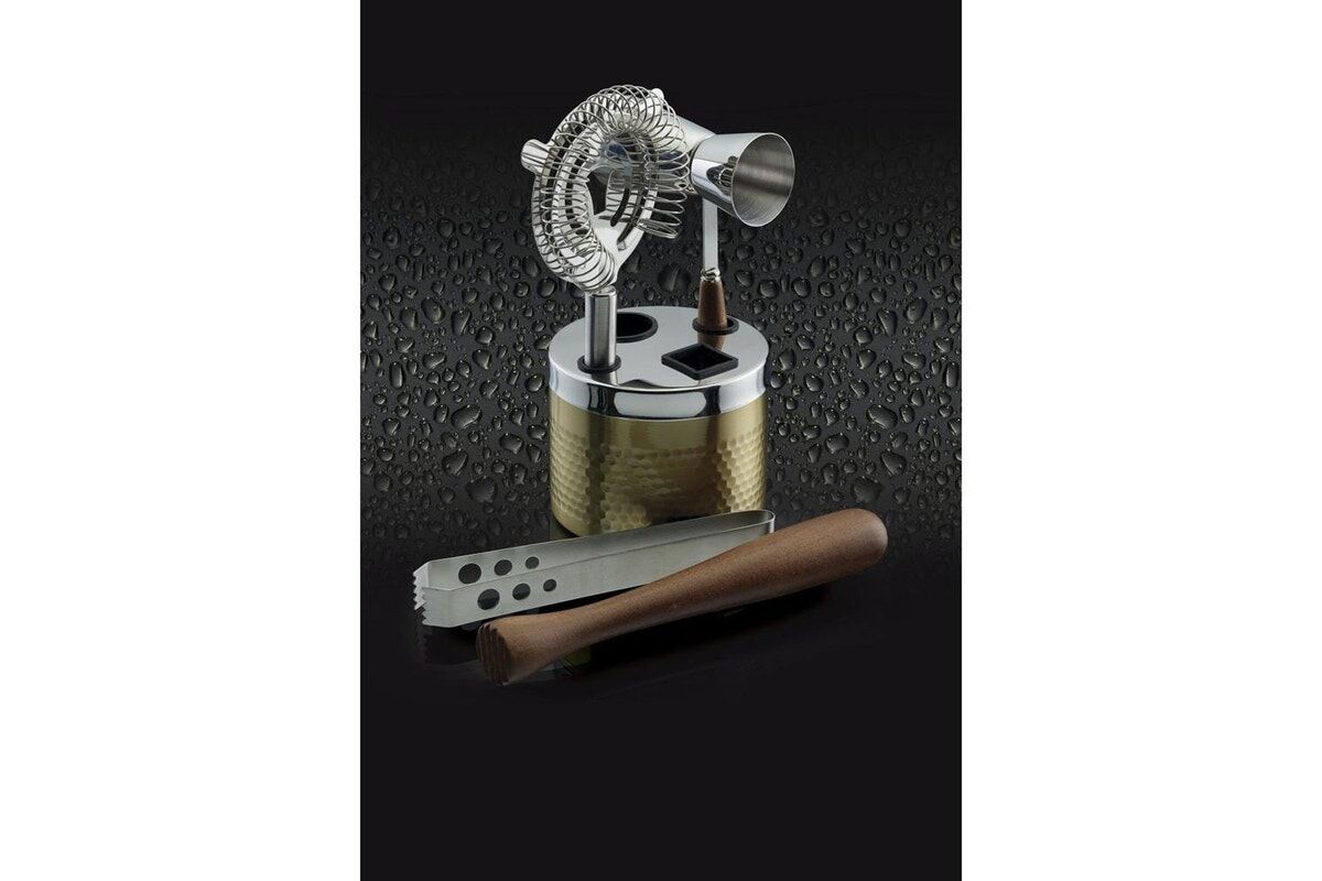 5 Piece Barcraft Brass Hammered Cocktail Bar Tool Set - Stainless Steel Drinks Maker