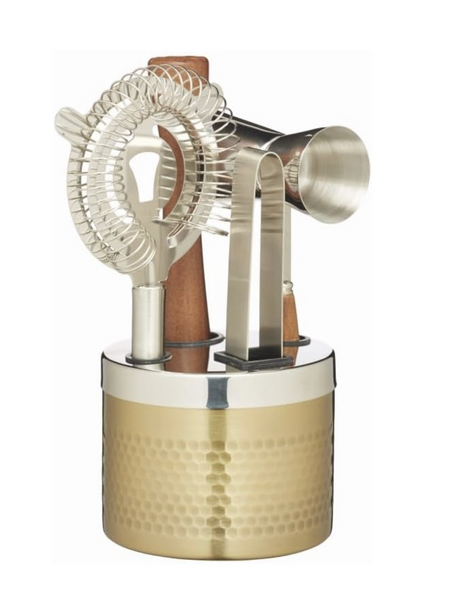 5 Piece Barcraft Brass Hammered Cocktail Bar Tool Set - Stainless Steel Drinks Maker