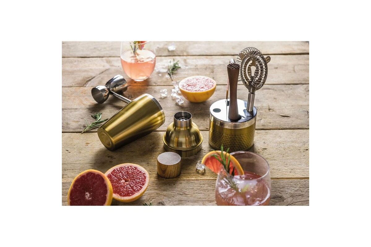5 Piece Barcraft Brass Hammered Cocktail Bar Tool Set - Stainless Steel Drinks Maker