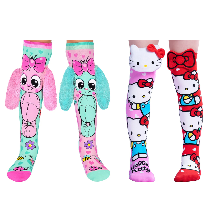 MADMIA 2-Pack Bunny & Hello Kitty Knee High Socks - Kids & Adults Ages 6-99 (Crazy Sock Day)