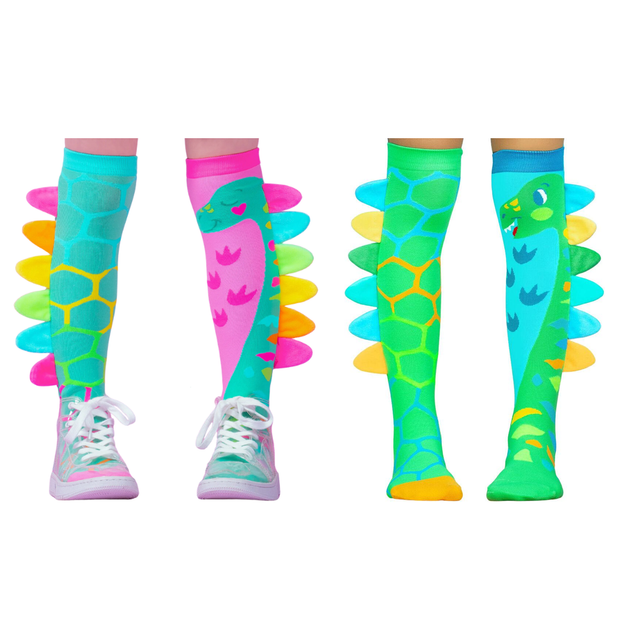 MADMIA 2-Pack Dino Roar Knee High Socks - Kids & Adults Ages 6-99 (Crazy Sock Day)