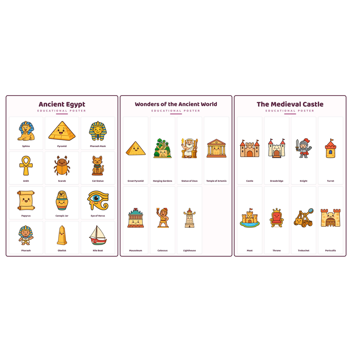 3-Pack Ancient History Educational Posters Set - A4 Matte Laminated Prints (210x297mm)
