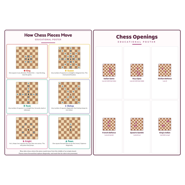 2-Pack Chess Educational Posters Set - A4 Matte Laminated Prints (210x297mm)