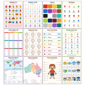 12-Pack Primary Classroom Educational Posters Set - A4 Matte Laminated Prints (210x297mm)