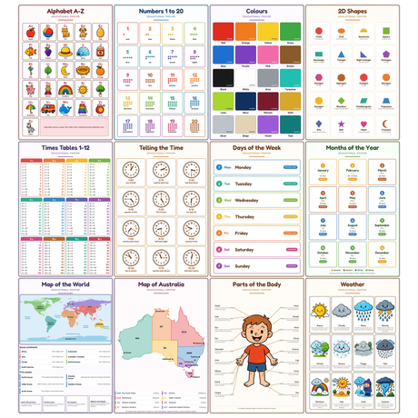 12-Pack Primary Classroom Educational Posters Set - A4 Matte Laminated Prints (210x297mm)