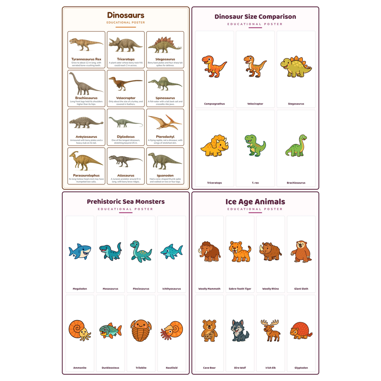 4-Pack Dinosaurs & Prehistoric Animals Educational Posters Set - A4 Matte Laminated Prints (210x297mm)
