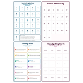 4-Pack Handwriting & Spelling Educational Posters Set - A4 Matte Laminated Prints (210x297mm)