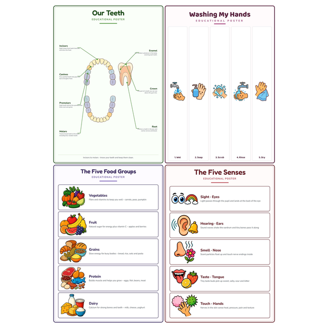 4-Pack Healthy Habits Educational Posters Set - A4 Matte Laminated Prints (210x297mm)