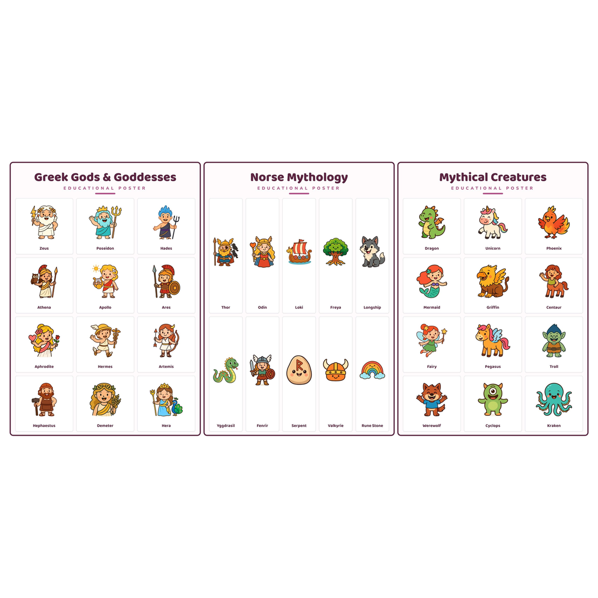 3-Pack Myths & Legends Educational Posters Set - A4 Matte Laminated Prints (210x297mm)