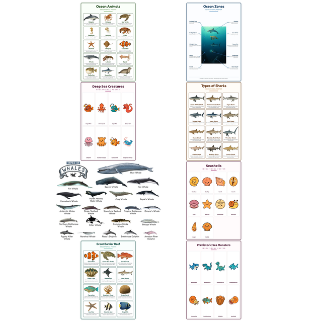 8-Pack Ocean & Sea Life Educational Posters Set - A4 Matte Laminated Prints (210x297mm)