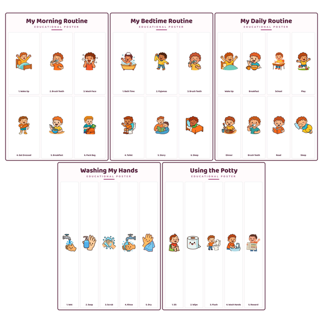 5-Pack Kids' Daily Routines Educational Posters Set - A4 Matte Laminated Prints (210x297mm)