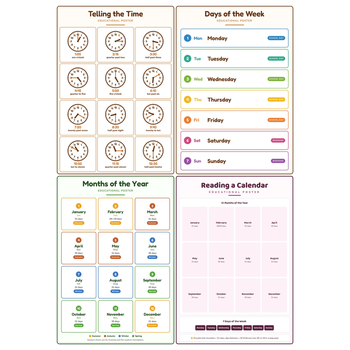 4-Pack Time & Calendar Educational Posters Set - A4 Matte Laminated Prints (210x297mm)