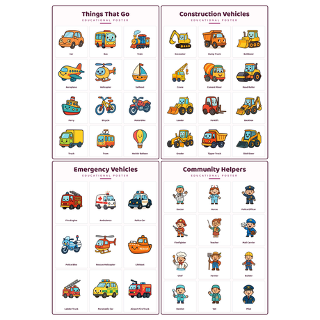4-Pack Transport & Vehicles Educational Posters Set - A4 Matte Laminated Prints (210x297mm)