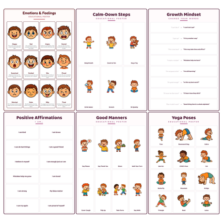 6-Pack Feelings & Wellbeing Educational Posters Set - A4 Matte Laminated Prints (210x297mm)