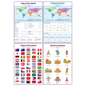 4-Pack World Geography Educational Posters Set - A4 Matte Laminated Prints (210x297mm)