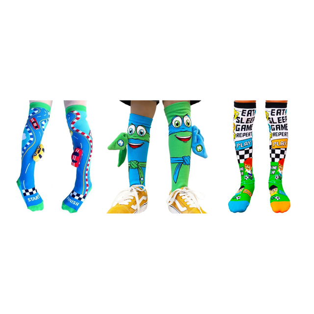 MADMIA 3-Pack Racing Cars Ninja & Video Game Boys Knee High Socks - Toddlers Ages 3-5