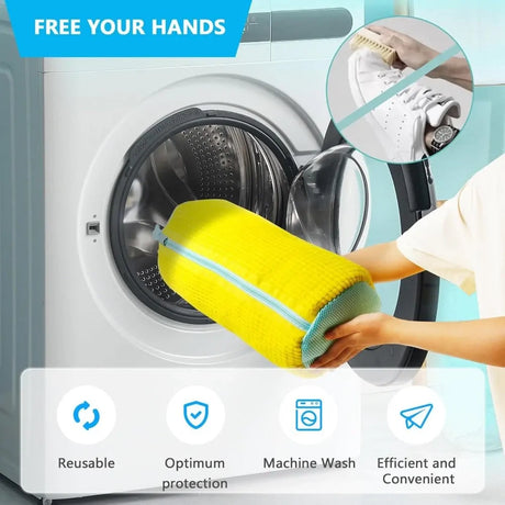 Durable Shoe Washing Machine Bag - Yellow with Blue Zipper, Protective Laundry Bag with Fluffy Interior for Sneakers, Casual, Mesh & Canvas Shoes