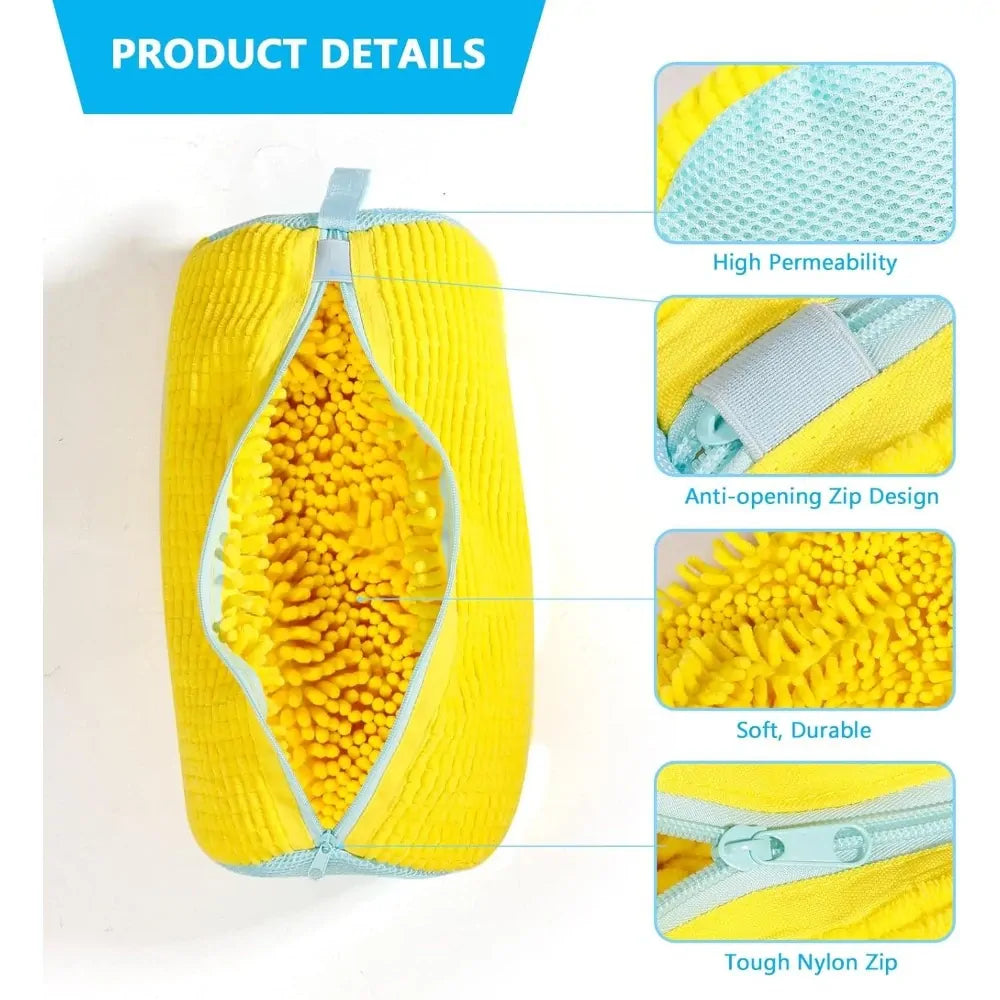 Durable Shoe Washing Machine Bag - Yellow with Blue Zipper, Protective Laundry Bag with Fluffy Interior for Sneakers, Casual, Mesh & Canvas Shoes