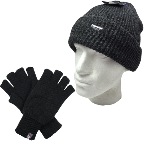 2pcs Winter Set Mens 3M Thinsulate Beanie Hat + Knitted Fingerless Gloves Snow