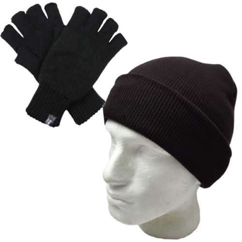 2pcs Set 3M Thinsulate Knitted Fingerless Gloves + Plain Beanie Hat Winter Warm