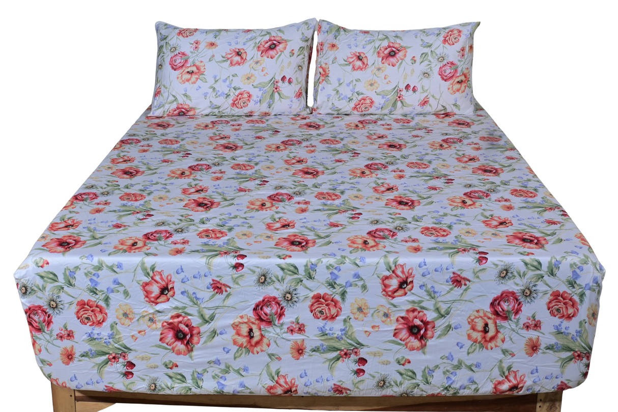 Floral Reverie Pure Cotton Fitted Bed Sheet + Pillowcase Set