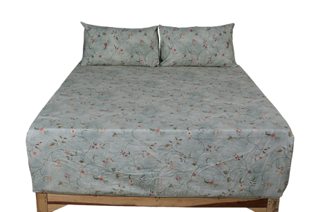 Ivy Bloom Pure Cotton Fitted Bed Sheet + Pillowcase Set - Green/Pink