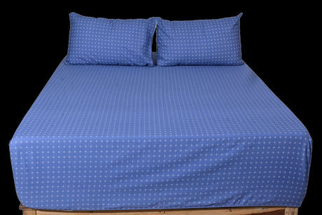 Dot Matrix Pure Cotton Fitted Bed Sheet + Pillowcase Set - Blue/White