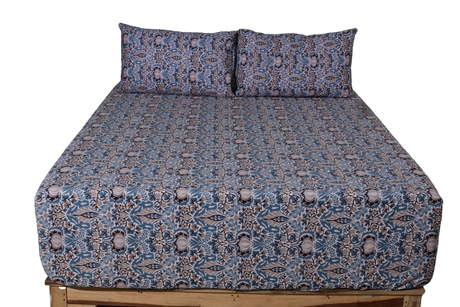 Iris Pure Cotton Fitted Bed Sheet + Pillowcase Set - Blue/Taupe