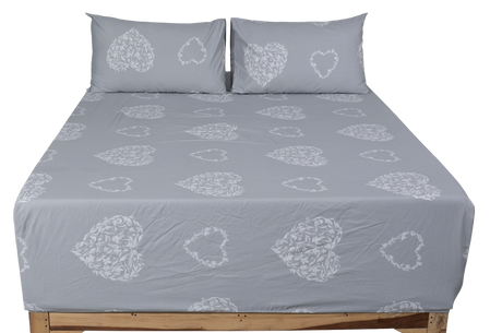 Damask Heart Pure Cotton Fitted Bed Sheet + Pillowcase Set - Grey/White