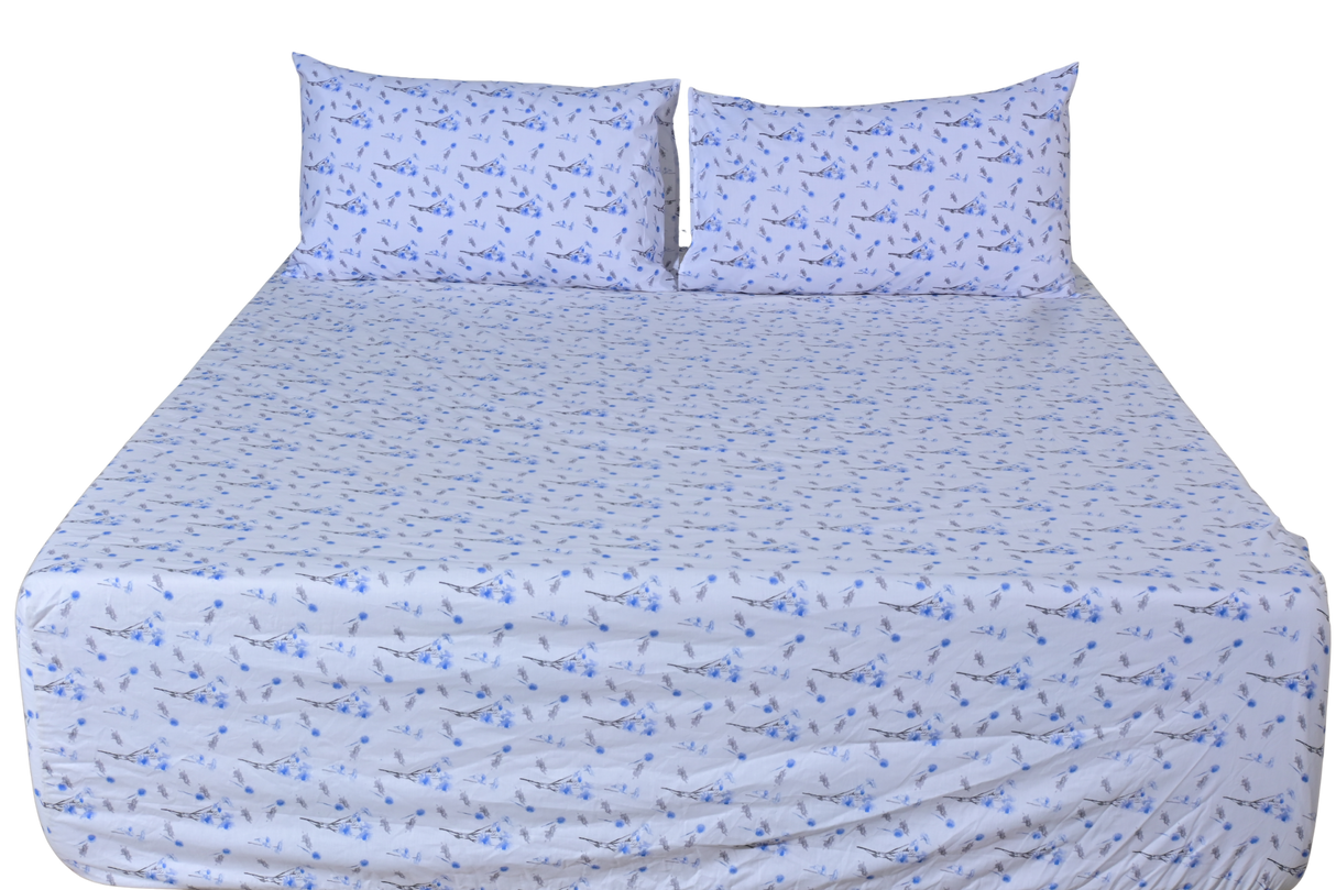 Azure Sprig Pure Cotton Fitted Bed Sheet + Pillowcase Set