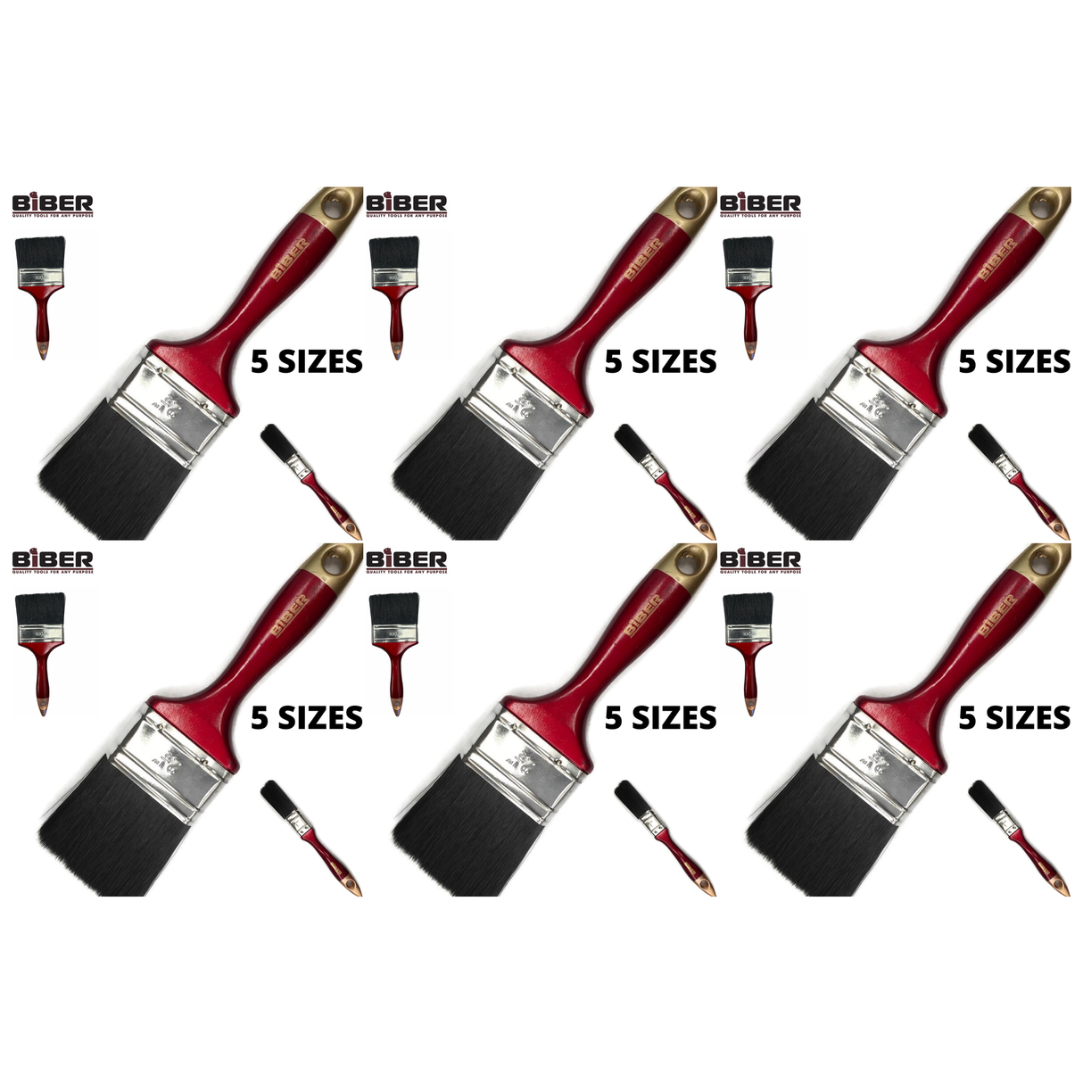 6x Biber Paint Brushes Bulk Pack - Professional Straight Painting Brush (Oil/Acrylic/Alkyd)