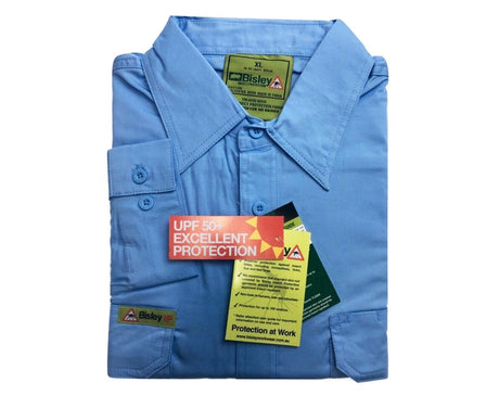 Bisley Mens Insect Protection Long Sleeve Fishing Shirt - Blue (Cotton Casual Business Top)