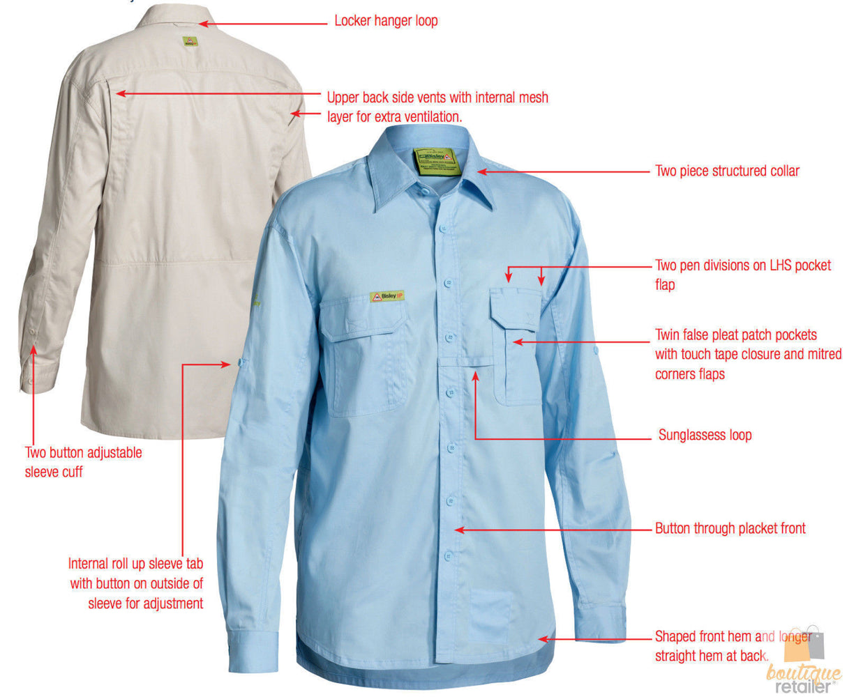 Bisley Mens Insect Protection Long Sleeve Fishing Shirt - Blue (Cotton Casual Business Top)
