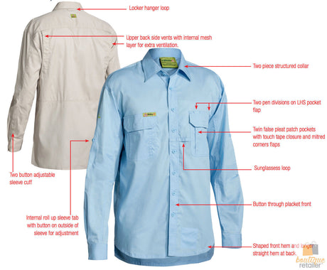 Bisley Mens Insect Protection Long Sleeve Fishing Shirt - Blue (Cotton Casual Business Top)