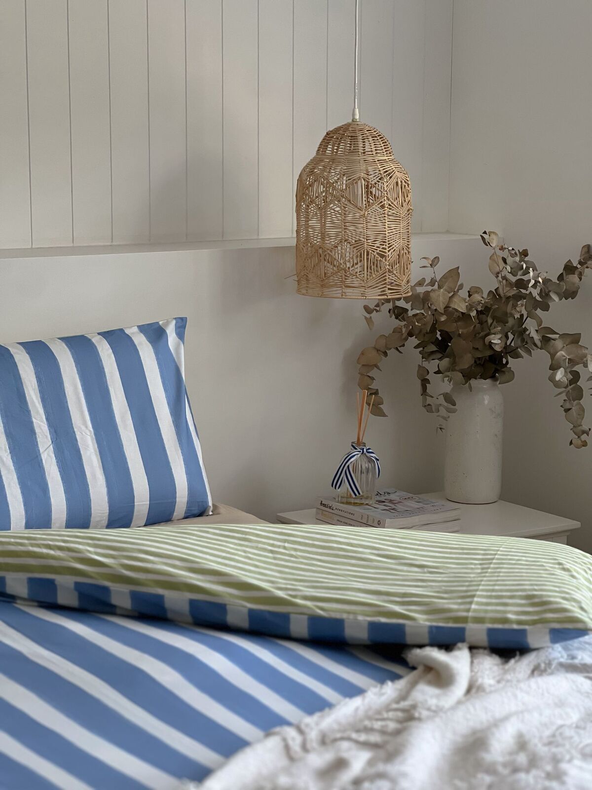 100% Cloud Cotton Duvet Quilt Cover Set w/ 2 Pillow Cases in Blue/Green/White Stripe - Queen