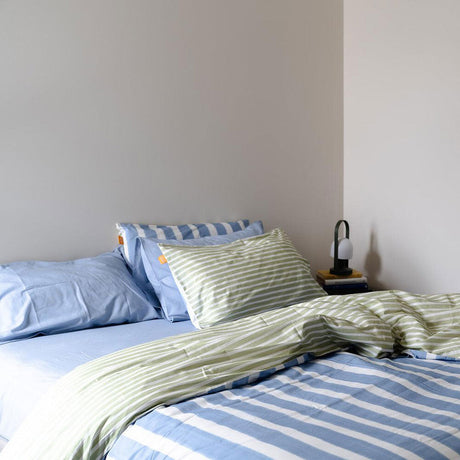 100% Cloud Cotton Duvet Quilt Cover Set w/ 1 Pillow Case in Blue/Green/White Stripe - Single