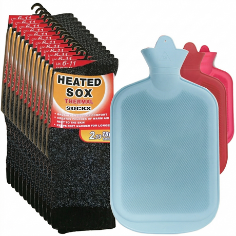 12 Pairs Thermal Heated Socks (6-11 UK) w/ BONUS Hot Water Bottle (Warm Winter Pack)