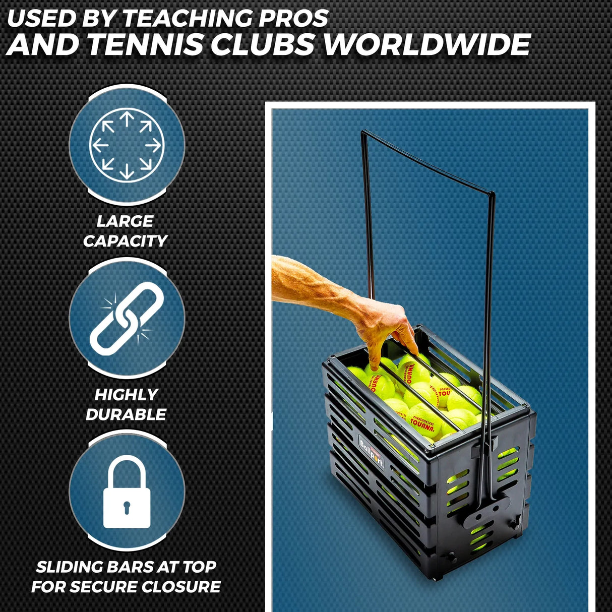 Tourna Ballport 80 Tennis Ball Basket 80-Ball Capacity Lightweight Polypropylene in Black
