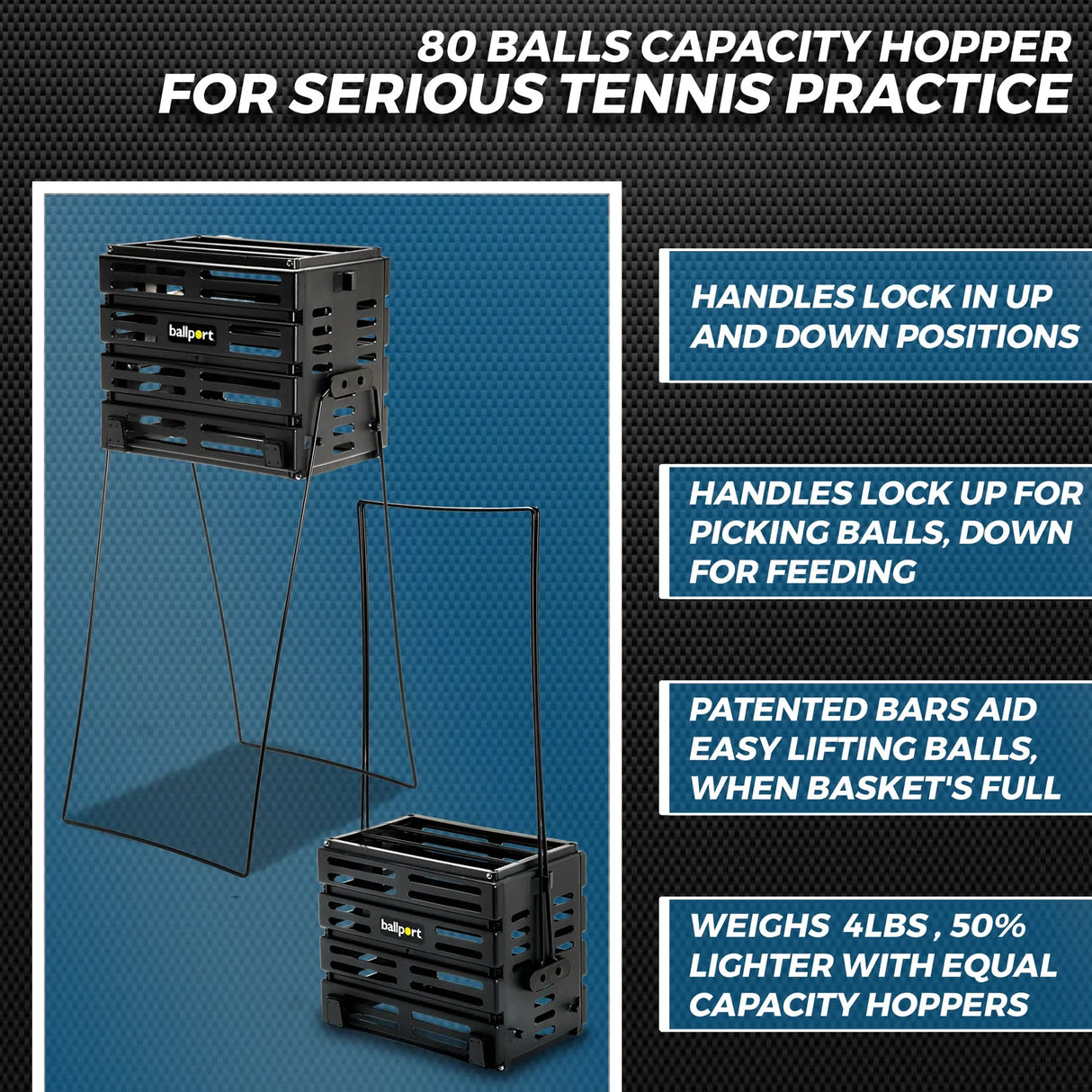 Tourna Ballport 80 Tennis Ball Basket 80-Ball Capacity Lightweight Polypropylene in Black
