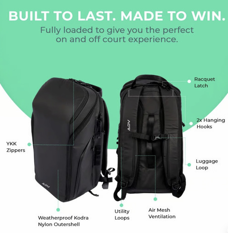 ADV Tennis Backpack V2 Bag (3 Racquet Capacity) w/ 16" Laptop Sleeve + Cooler in Midnight Black/Charcoal