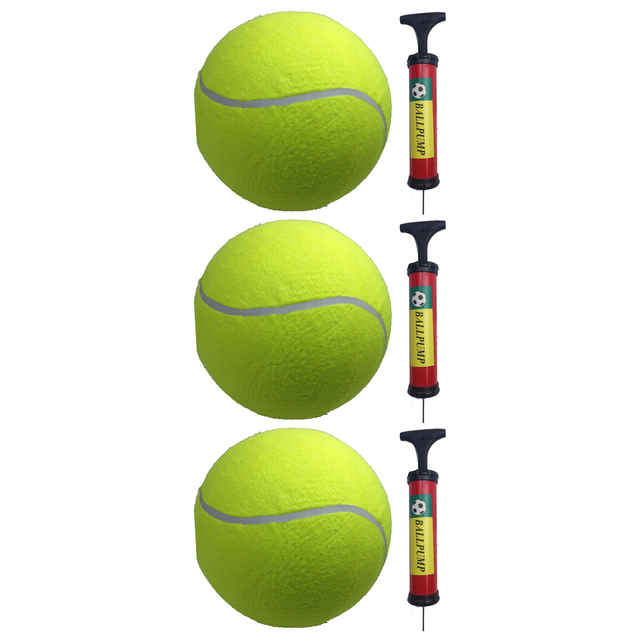 3x 10" Giant Tennis Ball with Ball Pump Pack (Autographs, Kids Games & Jumbo Toy)