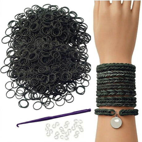 1200pcs Black Loom Bands Refill Kit - Kids DIY Rubber Bracelet  Craft Set w/ 12 S Clips & 1 Hook