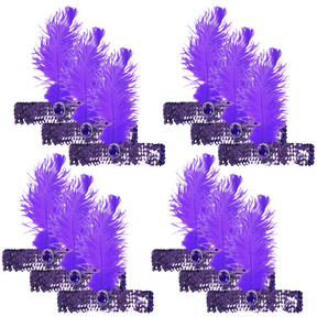 12x 1920s Purple Flapper Headband Bulk w/ Feather & Sequins - Gatsby/Charleston Costume