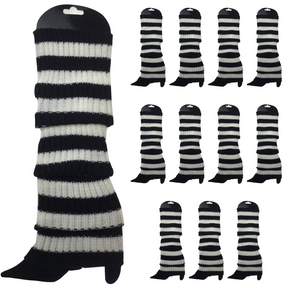 12x Black/White Stripe Ribbed Leg Warmers Bulk Pack - Womens Dance Costume/80s Party