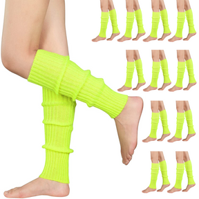 12x Fluro Yellow Ribbed Leg Warmers Bulk Pack - Womens Dance Costume/80s Party
